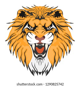 Lion, lion head with open mouth and teeth. Cartoon illustration of a lion. Vector.