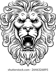 Lion head, an original illustration in a retro woodcut etching vintage style