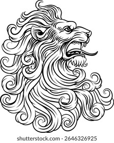 Lion head, an original illustration in a retro woodcut etching vintage style