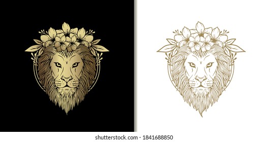 Lion Head Ornament. Lion head with Abstract Hand Drawn Style Ornament of flowers and plants