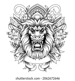 Cabeza de león con vector de ornamento en blanco y negro