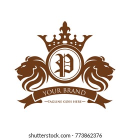 lion head P logotype with crown vector - gold color