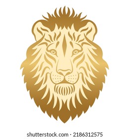 Lion head painted in gold. Vector illustration isolated on white background. The head of the king of beasts painted with golden strokes. Can be used for printing on t-shirts, posters, stickers.