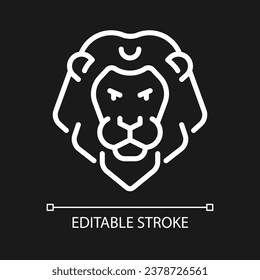 Lion head pixel perfect white linear icon for dark theme. Zodiac sign of western astrology. Majestic animal. Thin line illustration. Isolated symbol for night mode. Editable stroke. Arial font used