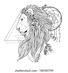 Lion head portrait, isolated on white. Banner, poster, card, t-shirt design template. Vector illustration. Hand drawn vintage engraved style. Coloring book. Symbol of pride, glory and royalty.