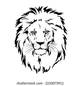 lion head, portrait, muzzle, face, black and white vector illustration