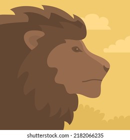 Lion head portrait in nature. Big cat hunter with a mane. Predatory animal mammal of Africa. King lion. Savannah fauna and zoology. Cartoon vector illustration