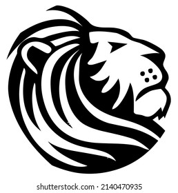 Lion head, predator, wild animal, wildlife, emblem, heraldic symbol, design, vector, illustration in black and white color, isolated on white background