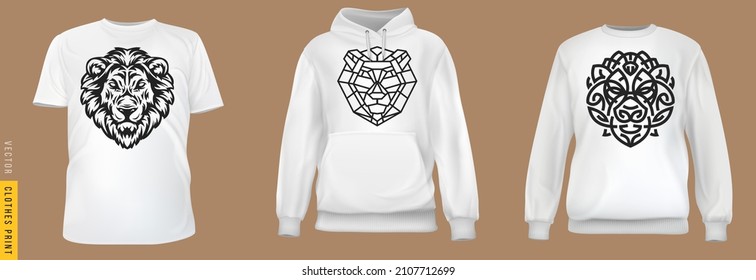 Lion head print. Set realistic t-shirt, sweatshirt, hoodie base cloth isolated on simple background. Mockup for branding man or woman fashion. Design casual template. 3d vector illustration.
