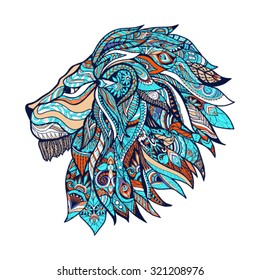 Lion head profile with decorative swirls ornament colored vector illustration
