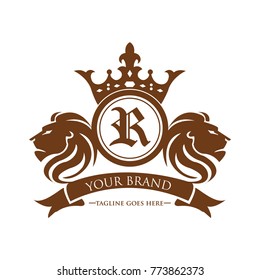 lion head R logotype with crown vector - gold color