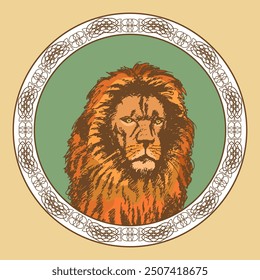 Lion head in a round ornamented frame. Portrait of a predator, sketch, outline. Vector illustration