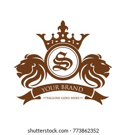 lion head S logotype with crown vector - gold color