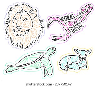 lion head, scorpion, sea turtle, little lamb lying down