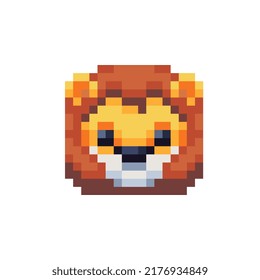 Lion head in the shape of a square pixel art icon. Element design for stickers, logo, embroidery, mobile app. Isolated vector illustration.