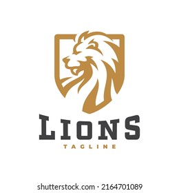 Lion head and shield emblem logo design. Lion shield vector icon