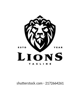 Lion head and shield emblem logo design. Line art vector illustration