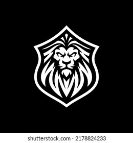 Lion head and shield emblem logo design. Lion vector illustration on dark background
