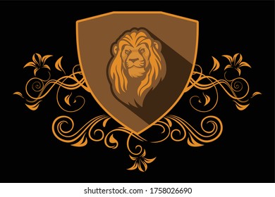 lion head in a shield with floral ornament