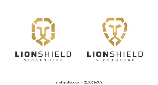 Lion Head Shield Gold Luxury Animal Security Leo King Wildlife Strong Mane Icon Vector Logo Design