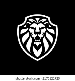 Lion head and shield line art or silhouette logo design. Lion shield emblem vector illustration on dark background