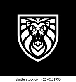 Lion Head And Shield Line Art Or Silhouette Logo Design. Lion Shield Vector Illustration On Dark Background