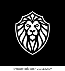 Lion head and shield line art or silhouette logo design. Lion shield vector illustration on dark background