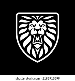Lion head shield logo design. Lion crest vector icon on dark background