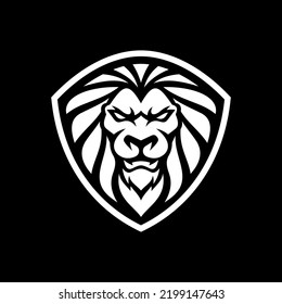 Lion head shield logo design. Lion crest vector icon on dark background