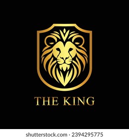 diseño del logotipo del escudo de la cabeza del león aislado en fondo negro