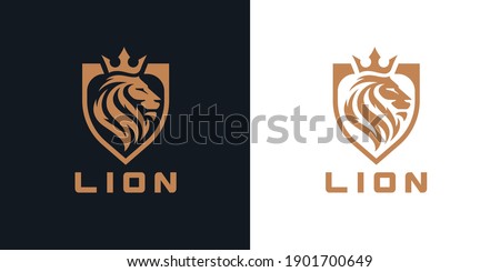 Lion head shield logo icon. Royal gold crown badge symbol. Premium king animal sign. Vector illustration.