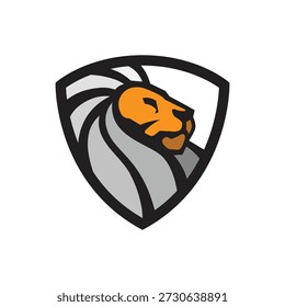 Modelo de logotipo de escudo de cabeça de leão. Ilustração vetorial do símbolo da coroa de ouro real 
