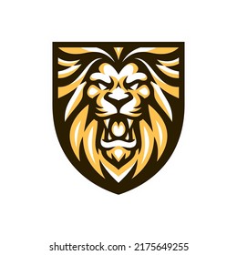 Lion head and shield mascot emblem vector illustration