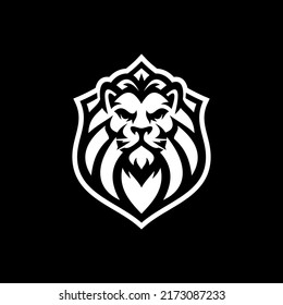 Lion head and shield mascot logo design on dark background
