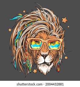Lion head in shiny sunglasses . Image for printing on any surface