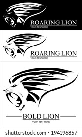 Lion. Lion Head. Side View Lion Head in black and white. Lion Head with the extreme fang. Side View Lion Head. Lion Head combine with text. Label. Lion Mascot . Roaring Predator. roaring fang face