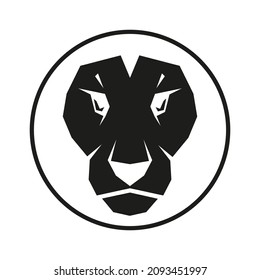 Silueta de cabeza de león en círculo de línea. Forma salvaje de animal negro. Vector aislado en blanco
