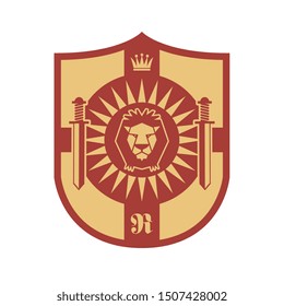 Lion head and silhouette of Swords, shield design, abstract vector illustration