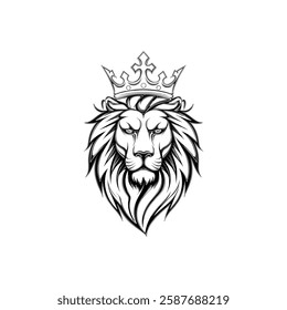 Lion Head Silhouette Vector Design. A Crown On The Lion's Head.