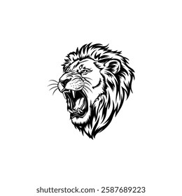 Lion Head Silhouette Vector Design. The Lion Turned To The Side And Came Roaring.