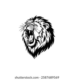 Lion Head Silhouette Vector Design. The Lion Turned To The Side And Came Roaring.