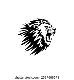 Lion Head Silhouette Vector Design. The Lion Turned To The Side And Came Roaring.