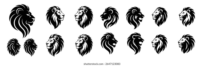 Lion Head Silhouette Vector Design Set, A bundle of 15 high-resolution black lion head illustrations in tribal, classic, aggressive, and minimal logo styles for branding and print use