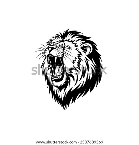 Lion Head Silhouette Vector Design. The Lion Turned To The Side And Came Roaring.