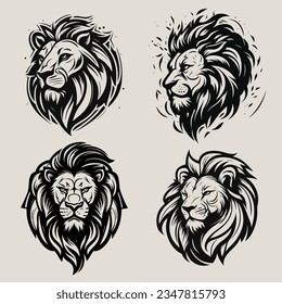 Vector de cabeza de león, conjunto de ilustración de silueta.