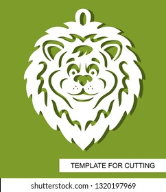 Lion head silhouette. White cartoon character on a green background. Template for laser cutting, wood carving, paper cut or printing. Vector illustration.