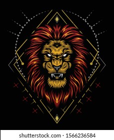 Lion head in simple flat design vector, good for t shirt design and logo. vector lion head with ornament background. king of lion illustration for shirt design