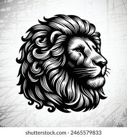 Lion head sketch, vector engraving style, wild animal illustration design template.