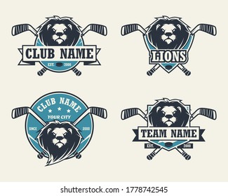 Lion head sport logo. Set of hockey emblems, badges, logos and labels. Design element for company logo, label, emblem, apparel or other merchandise. Scalable and editable Vector illustration.