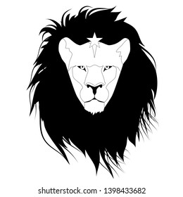 Lion head with a star on his forehead, isolated on white background.